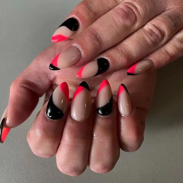 Vibrant hot pink and black nail art with a glossy finish, highlighting 16 Extraordinary Pink And Black Nail Design Ideas - French Tip Square Acrylic Nails