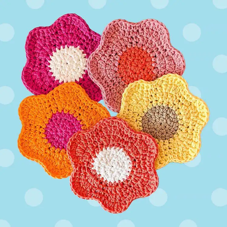 Set of easy multi-colored crochet flower coasters