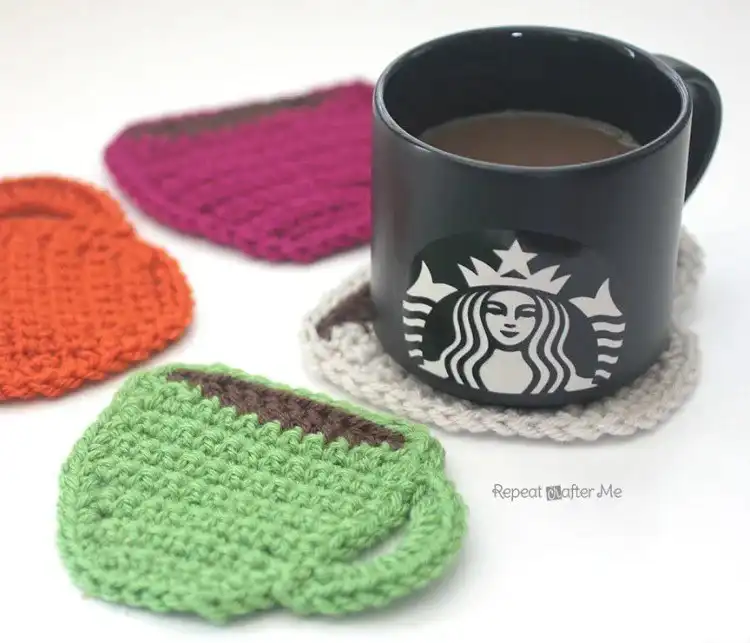 Themed crochet coffee coasters with coffee beans and cup motifs