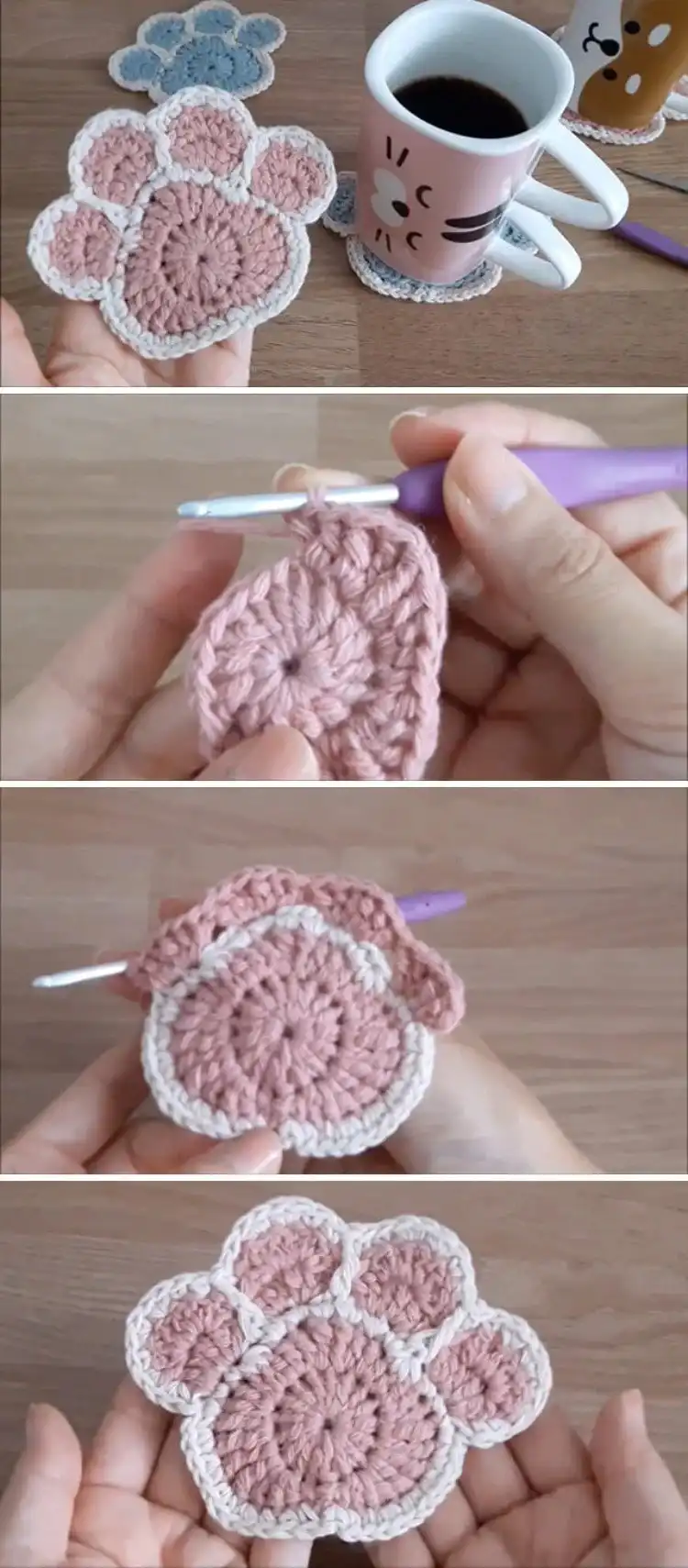 Crochet paw print coaster in a solid color, 'Paw Coasters'