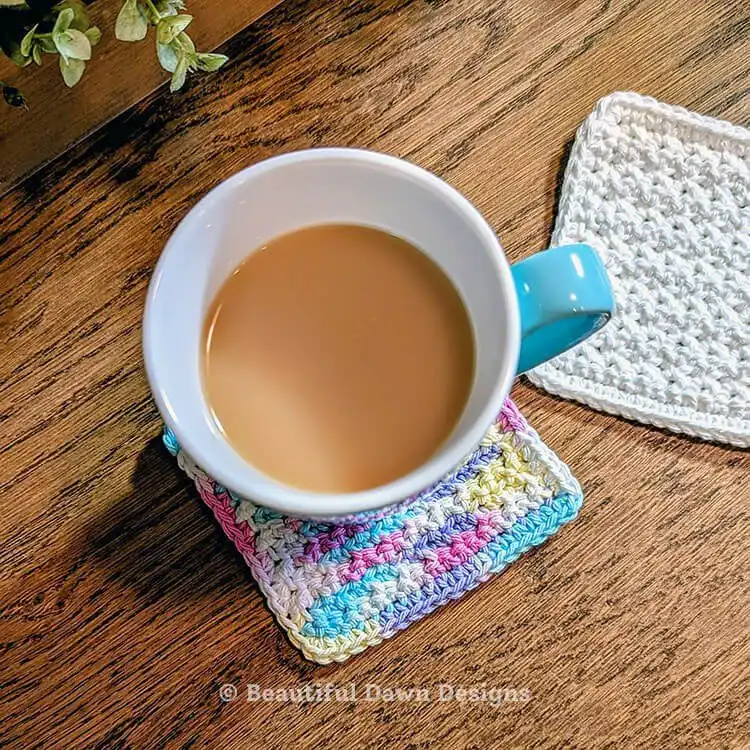 Pastel square crochet coaster with a textured stitch, 'Cotton Candy Coaster'