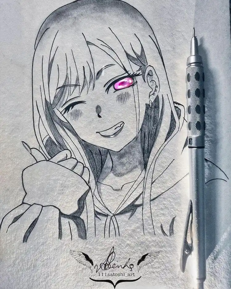 Dynamic drawing of Marin Kitagawa from My Dress-Up Darling in her school uniform, smiling with expressive eyes.