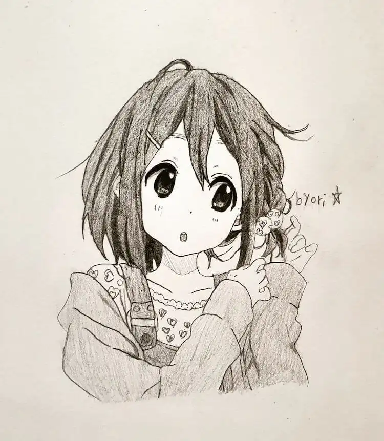 Yui Hirasawa from K-ON drawn wearing charming overalls, depicting a relaxed and cute demeanor.