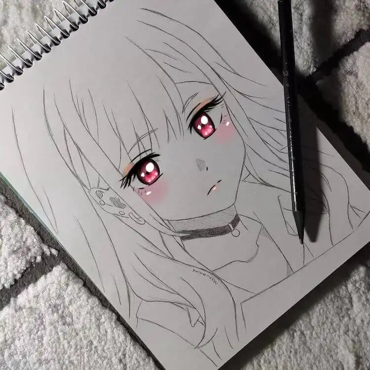 Unique anime girl drawing featuring vibrant pink eyes, creating an ethereal and captivating look.