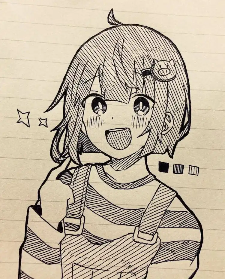 Example of a super cute anime girl drawing with soft features, large eyes, and a gentle smile.