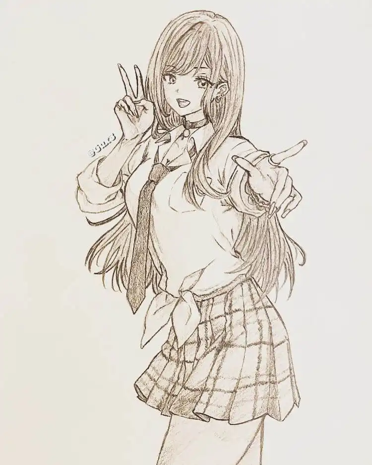Anime girl (likely Marin Kitagawa) making a peace sign, with focus on expressive hands and a cheerful face.