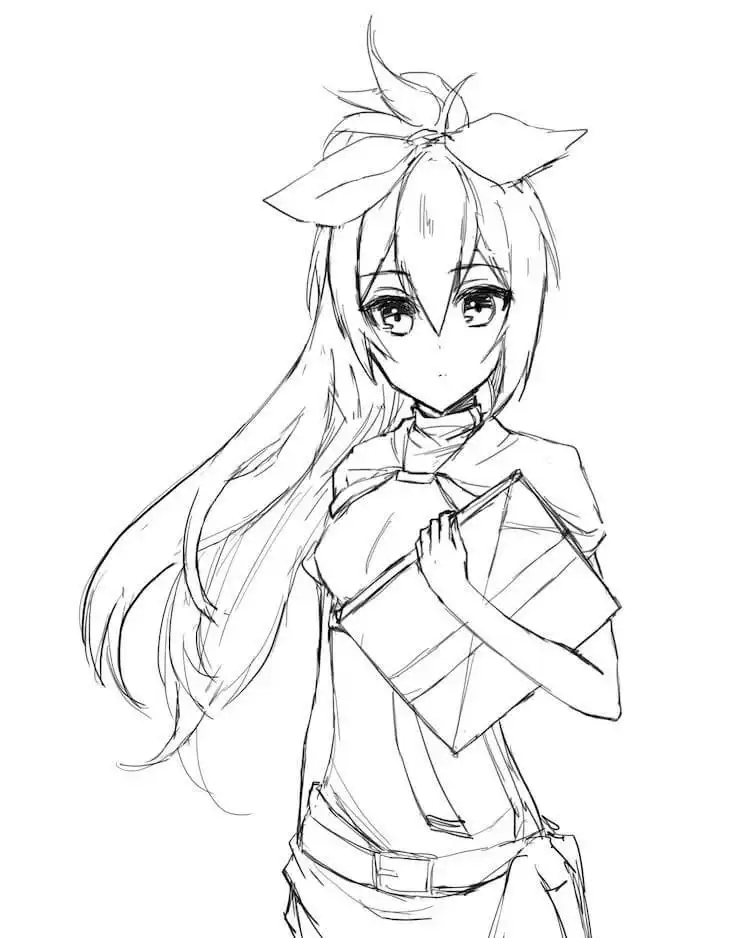 Drawing of Menou from The Executioner and Her Way of Life, showcasing her serious demeanor and distinct uniform.