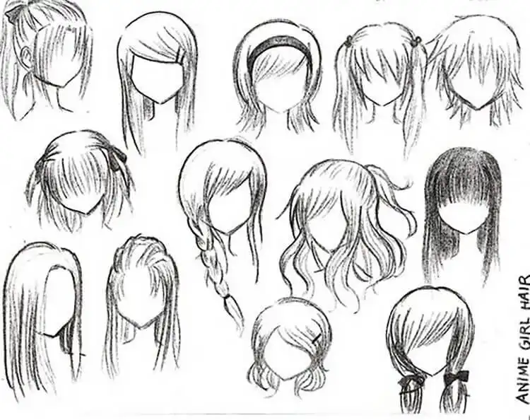 Reference image for drawing various anime girl hair styles, demonstrating flow, volume, and texture.