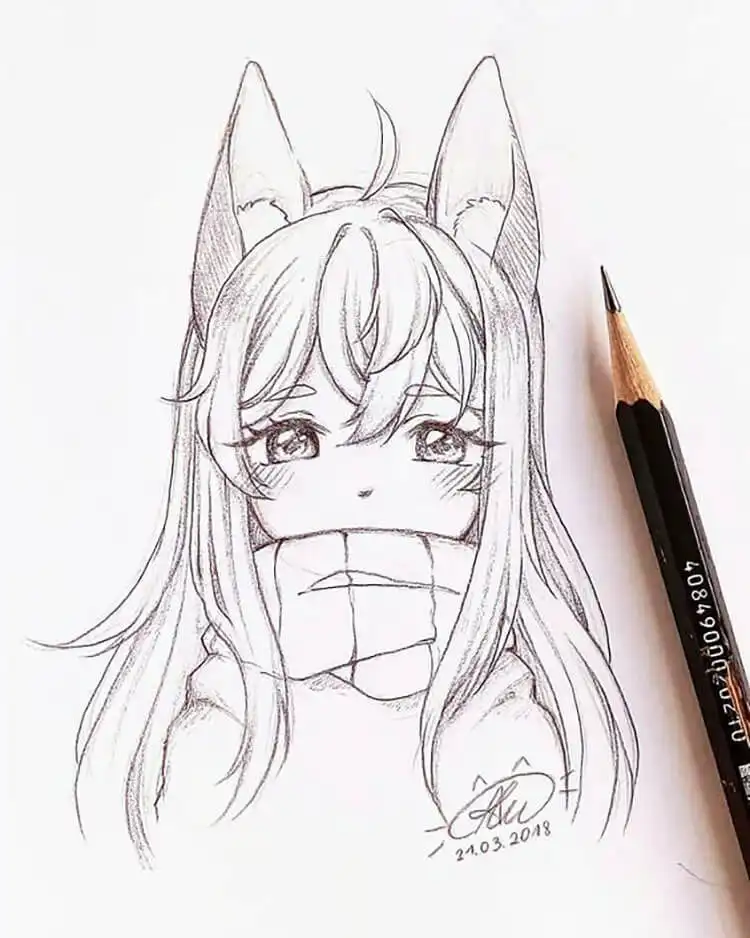Sketch of an adorable anime girl character with cute cat ears, adding a playful feline touch.