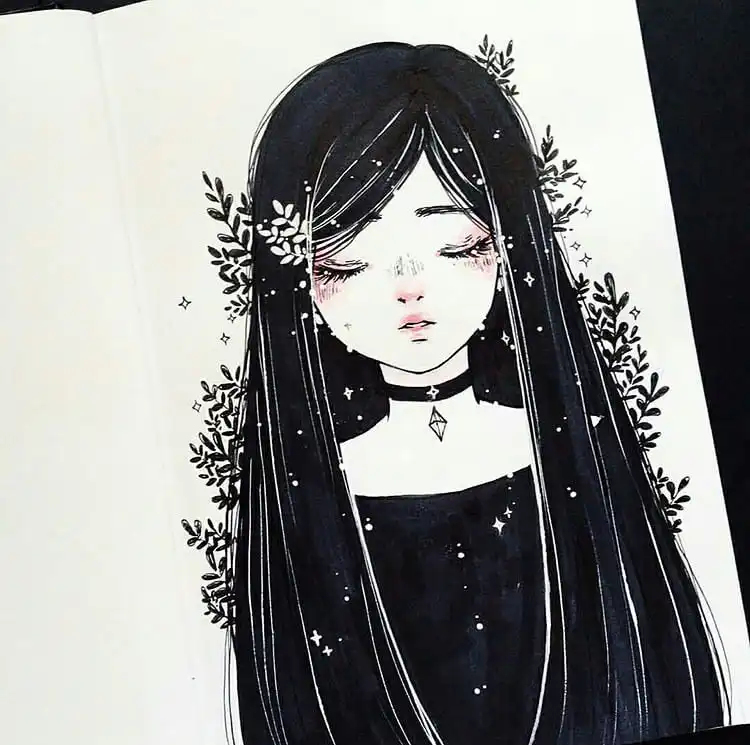 Somber or elegant drawing of an anime girl with long, flowing black hair adorned with flowers.