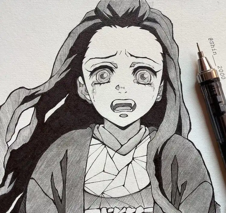 Detailed illustration of Nezuko Kamado from Demon Slayer, featuring her bamboo muzzle and intricate kimono.