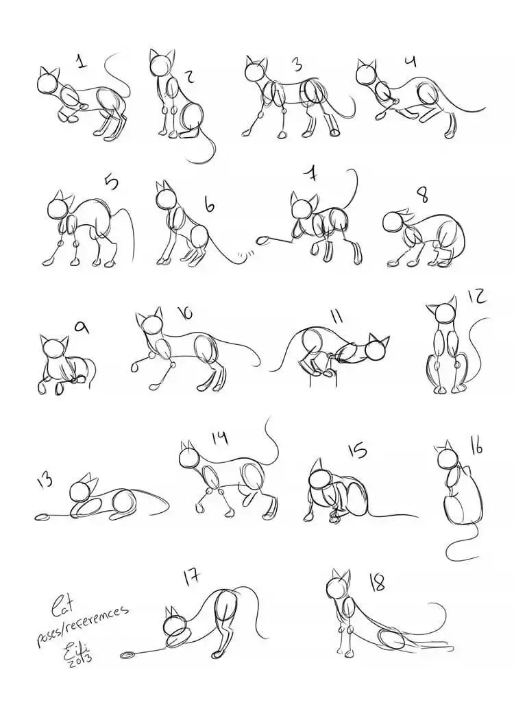 Sketch examples of cats in various everyday poses, illustrating different postures for 17 Cat Drawing Ideas and Sketches.