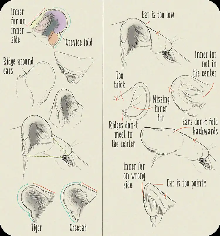 A detailed guide illustrating how to draw big cat ears with correct anatomy and fur placement.