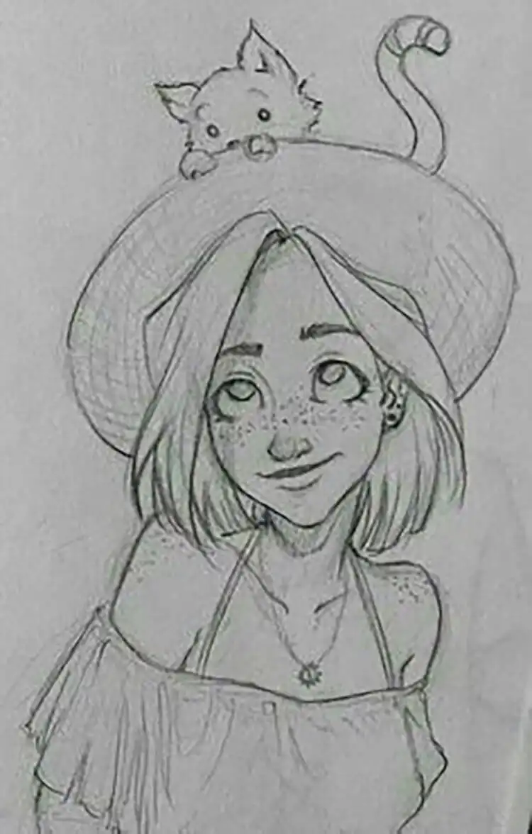 Whimsical drawing of a girl with a cute cat perched on her hat for 17 Cool Girl Drawing Ideas and References - Female Character Sketch