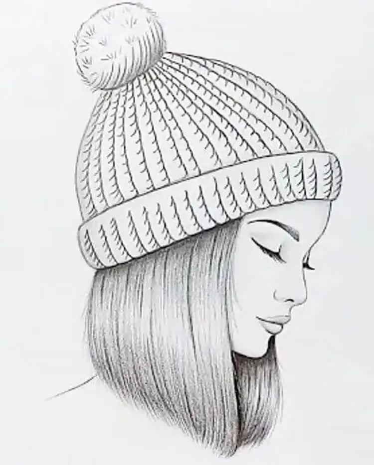 Sketch of a girl wearing a cozy winter beanie, focusing on fabric texture and warmth for 17 Cool Girl Drawing Ideas and References - Female Character Sketch