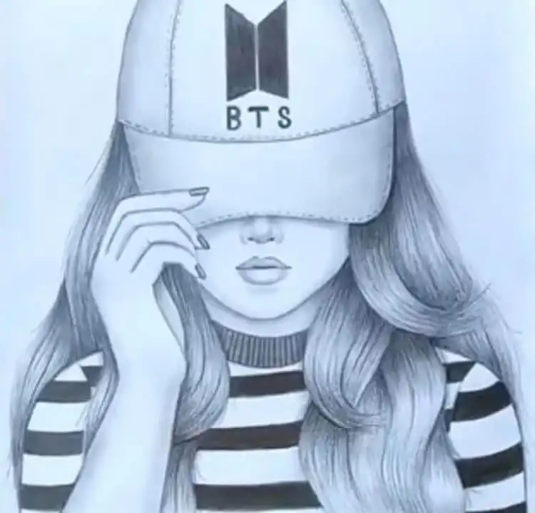 Drawing of a girl wearing a hat customized for BTS fans, showcasing personalized interest for 17 Cool Girl Drawing Ideas and References - Female Character Sketch