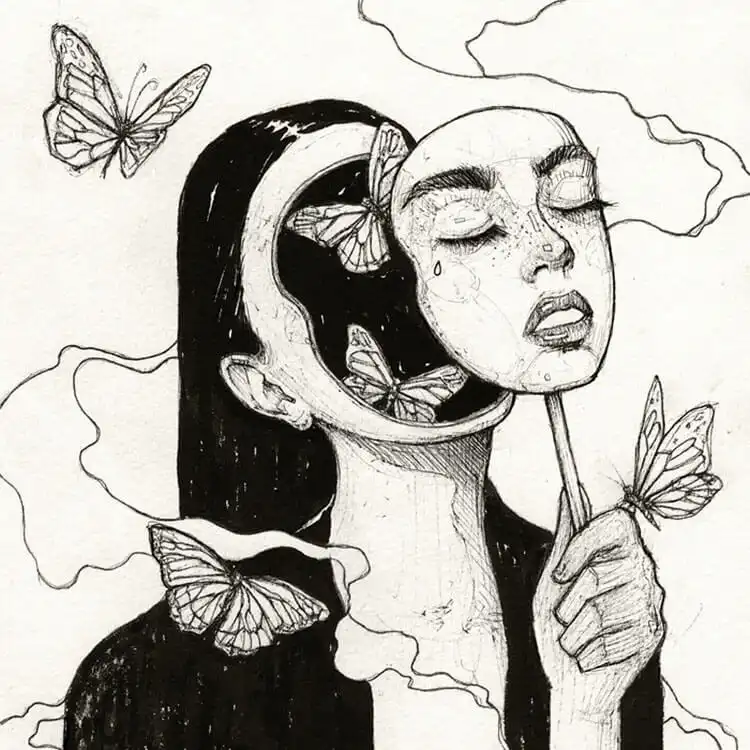 Creative drawing of a face mask adorned with delicate butterflies, blending contemporary and natural elements for 17 Cool Girl Drawing Ideas and References - Female Character Sketch