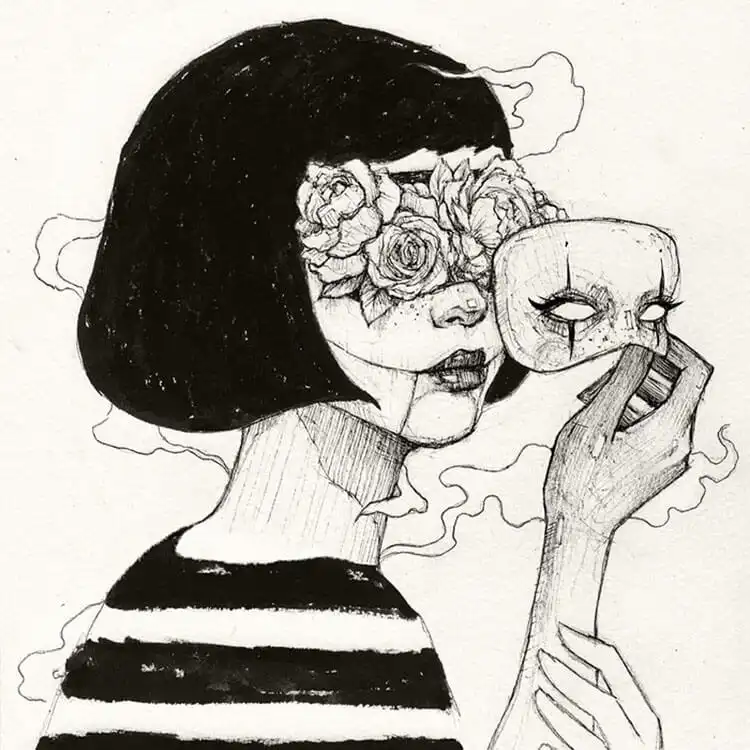 Striking drawing by Mike Koubou featuring flowers for eyes, creating an ethereal and symbolic portrait for 17 Cool Girl Drawing Ideas and References - Female Character Sketch