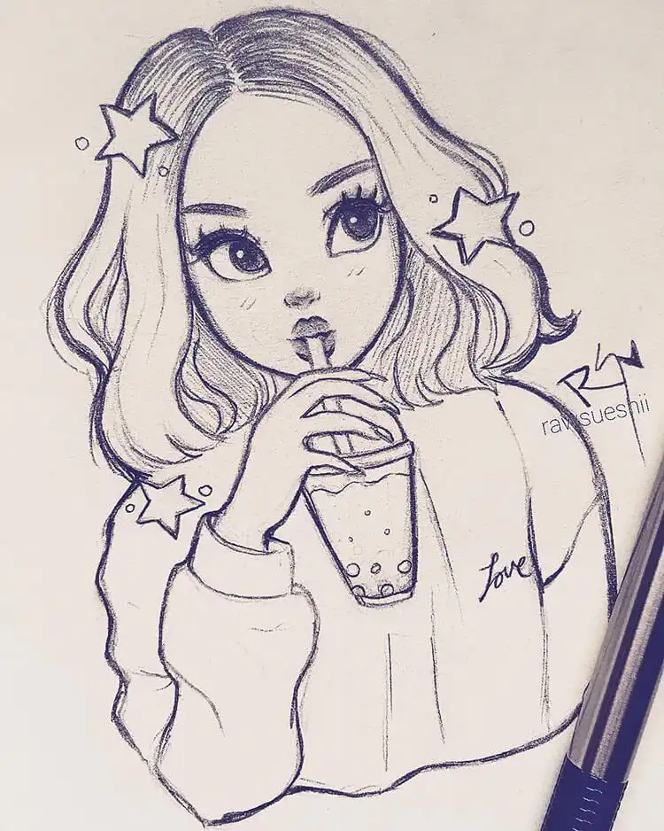 Sketch of a girl drinking boba tea, capturing a fun cultural moment with vibrant colors for 17 Cool Girl Drawing Ideas and References - Female Character Sketch