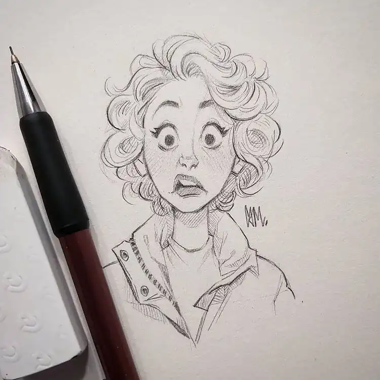 Sketch of a girl with cute, bouncy curly hair, emphasizing texture and volume for 17 Cool Girl Drawing Ideas and References - Female Character Sketch