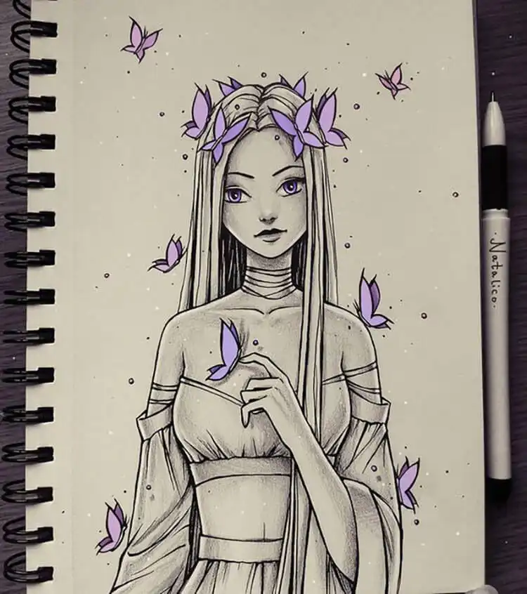 Beautiful drawing of a girl with purple eyes surrounded by purple butterflies, creating a dreamlike aesthetic for 17 Cool Girl Drawing Ideas and References - Female Character Sketch