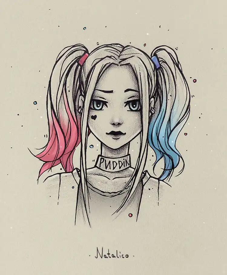 Dynamic drawing of Harley Quinn by Natalico, capturing her iconic style and expressive personality for 17 Cool Girl Drawing Ideas and References - Female Character Sketch