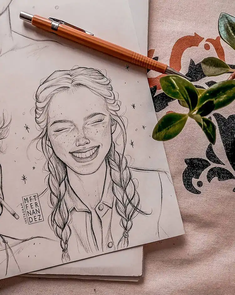 Drawing of a girl with a big, joyful smile and intricately braided hair for 17 Cool Girl Drawing Ideas and References - Female Character Sketch