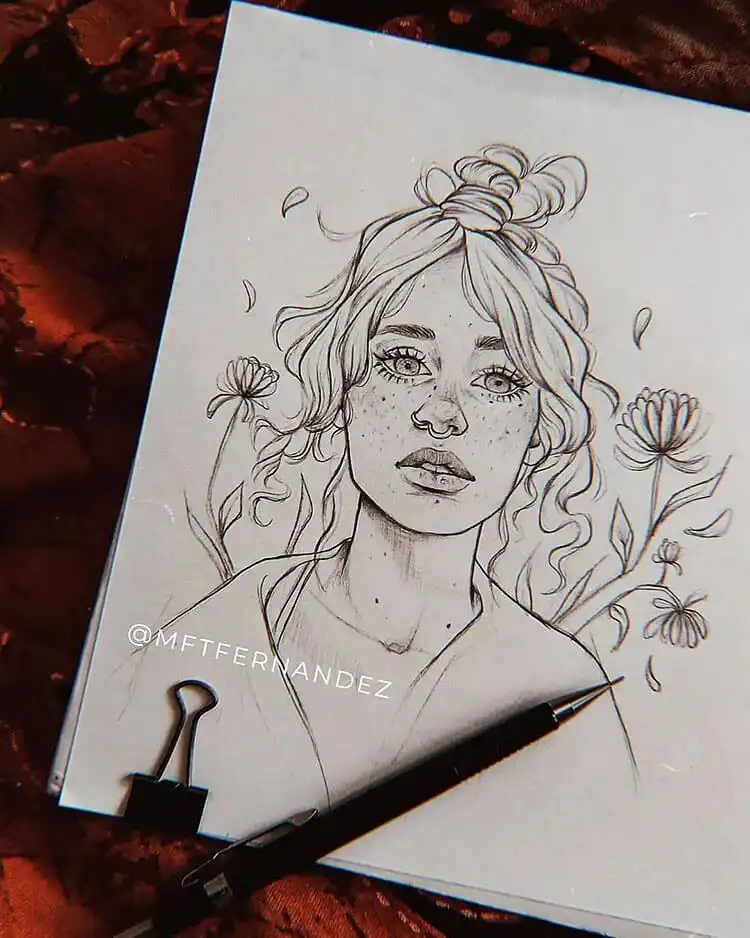 Artistic rendering of a girl with a nose ring adorned with delicate flowers for 17 Cool Girl Drawing Ideas and References - Female Character Sketch