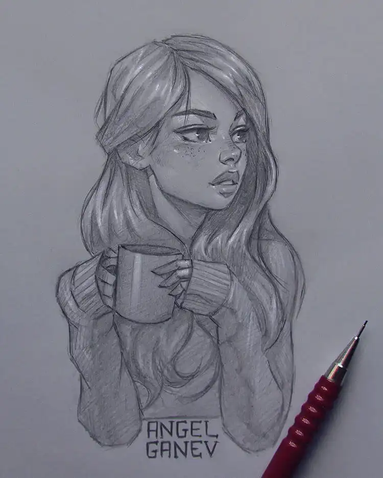 Sketch of a girl holding a mug, focusing on hand posture and a moment of contemplation for 17 Cool Girl Drawing Ideas and References - Female Character Sketch