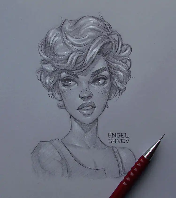 Drawing of a girl with a stylish short wavy hairstyle, capturing movement and texture for 17 Cool Girl Drawing Ideas and References - Female Character Sketch