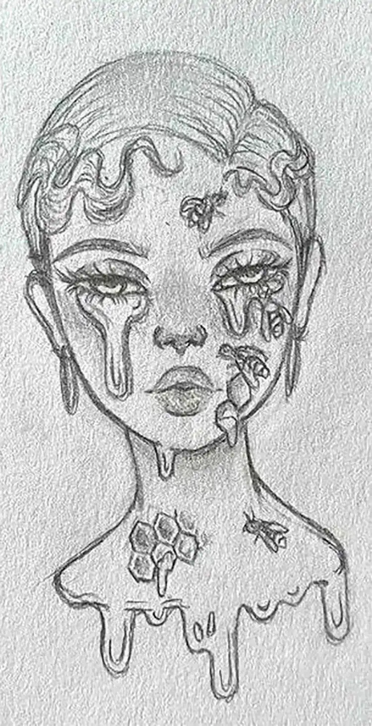 Surreal drawing of honey dripping from a girl's eyes, emphasizing translucency and flow for 17 Cool Girl Drawing Ideas and References - Female Character Sketch