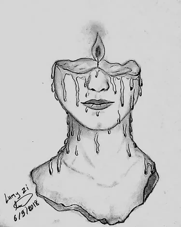 Artistic rendition of melting wax on a character's face, creating a dramatic, introspective mood for 17 Cool Girl Drawing Ideas and References - Female Character Sketch