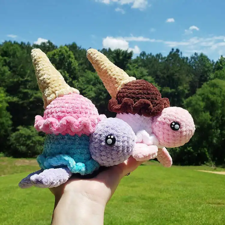 Scoops the Ice Cream Turtle, a creative crochet turtle with a shell resembling an ice cream scoop, complete with sprinkles.