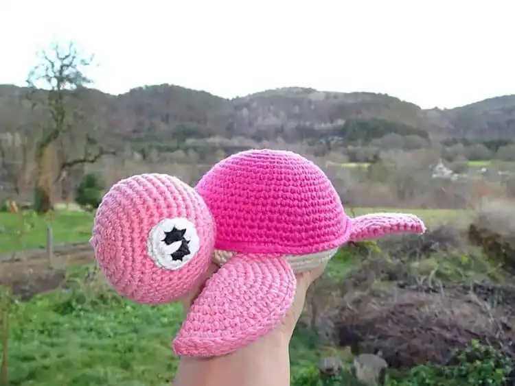 A classic green crochet turtle with simple, cute crocheted eyes, representing a timeless amigurumi design.