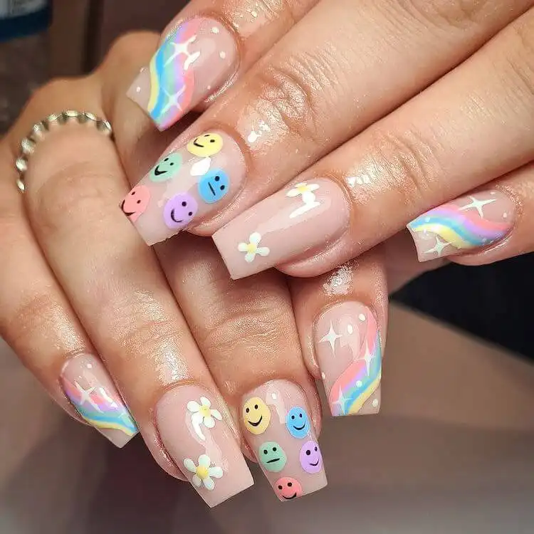 Understated and beautiful tan French tip design on short coffin nails.