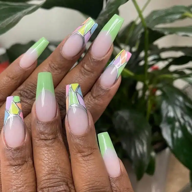Glittery pink French tip tapered square nails with heart rhinestones for a birthday celebration.