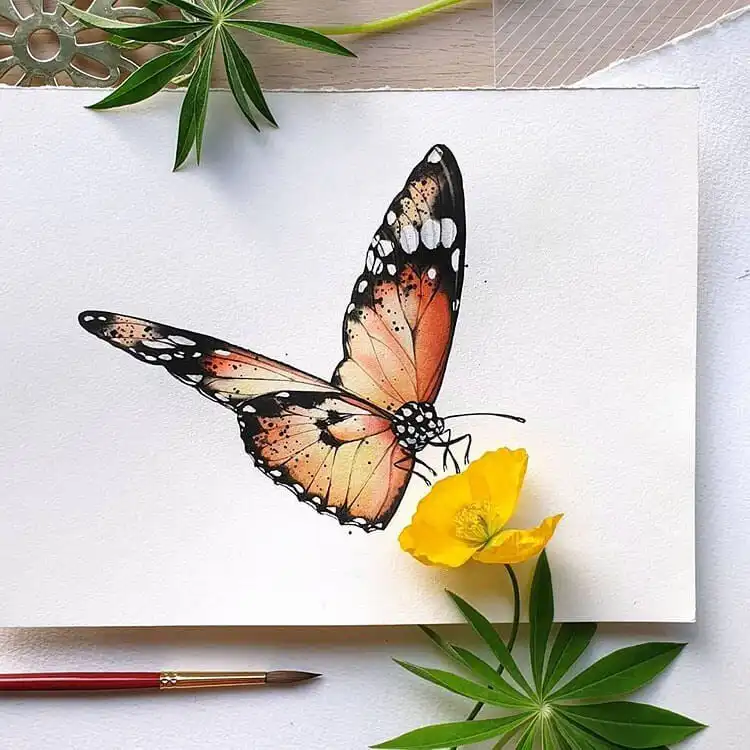 Watercolor painting of a monarch butterfly gracefully perched on a colorful flower.