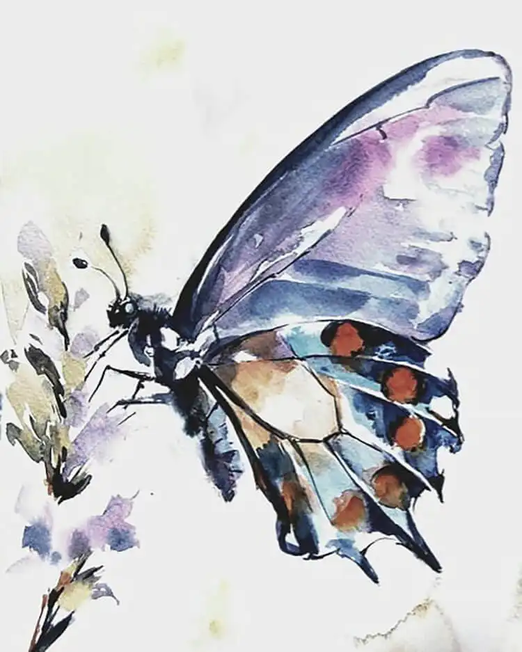 Minimalistic watercolor monarch butterfly with clean lines and distinct patterns.