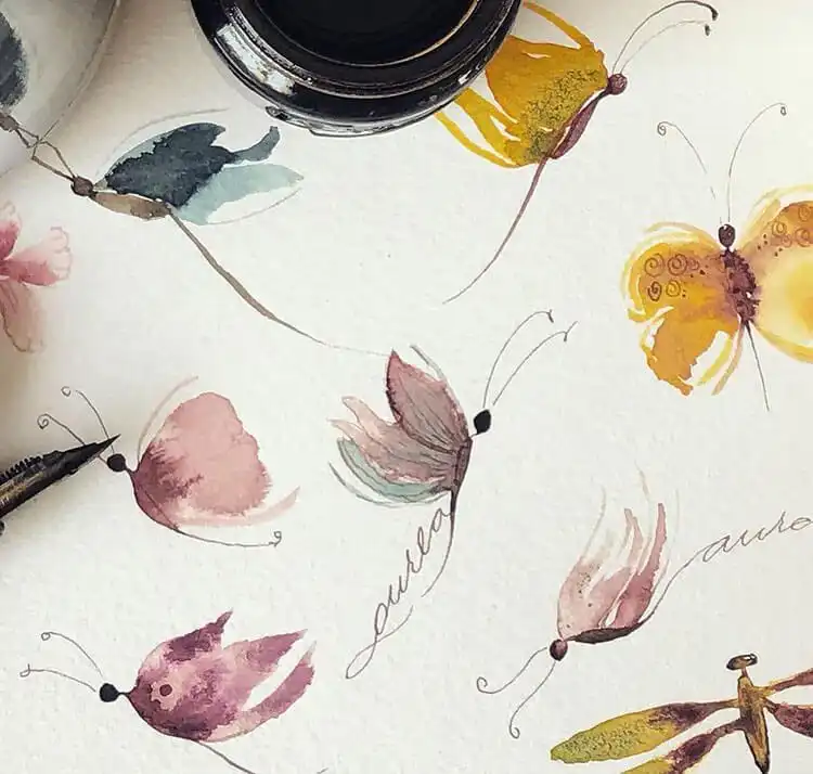 Stunning watercolor butterfly with intricate brown stripes on its wings.