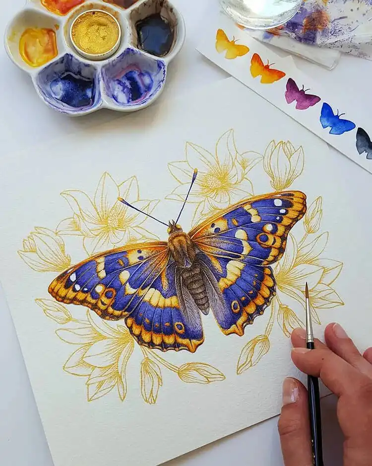 Watercolor study of a butterfly depicted from various different angles for reference.