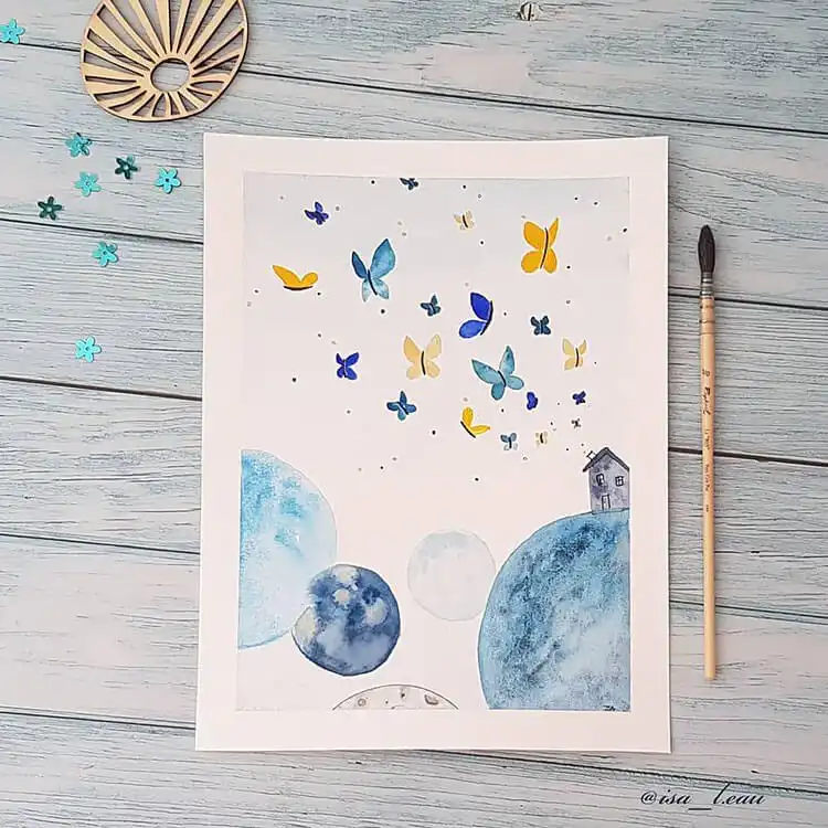 Exquisite blue and gold butterfly watercolor painting, highly detailed and advanced.