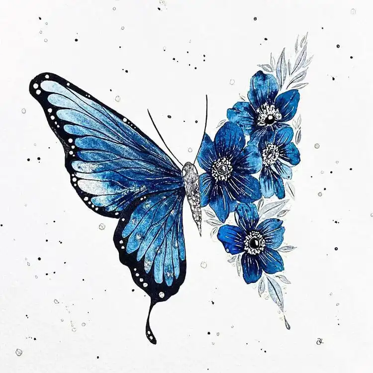 Creative watercolor butterfly with intricate floral patterns integrated into its wings.