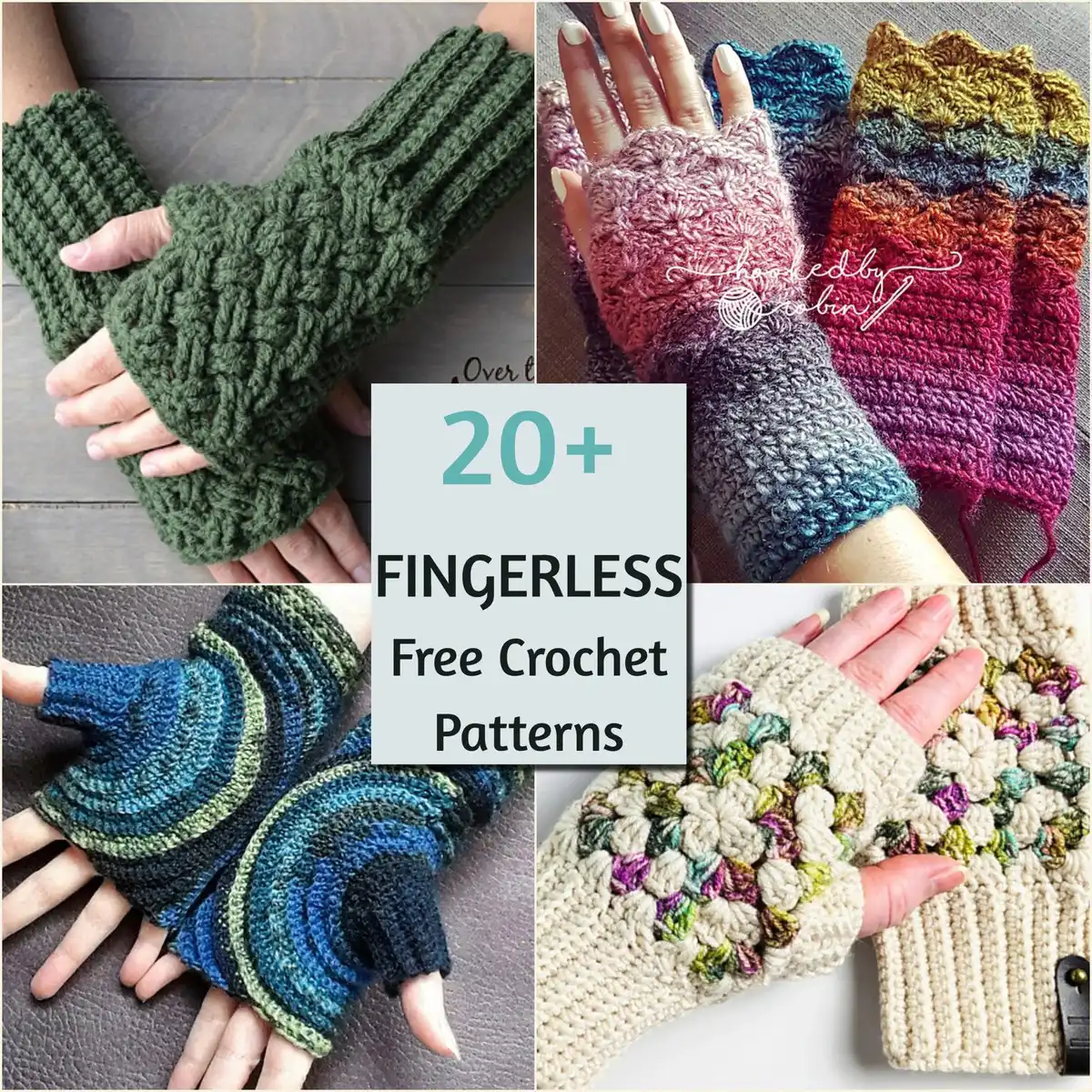 A collection of various stylish crochet fingerless mitts and gloves in different colors and textures, showcasing 20 Best Fingerless Mitts Free Crochet Patterns.