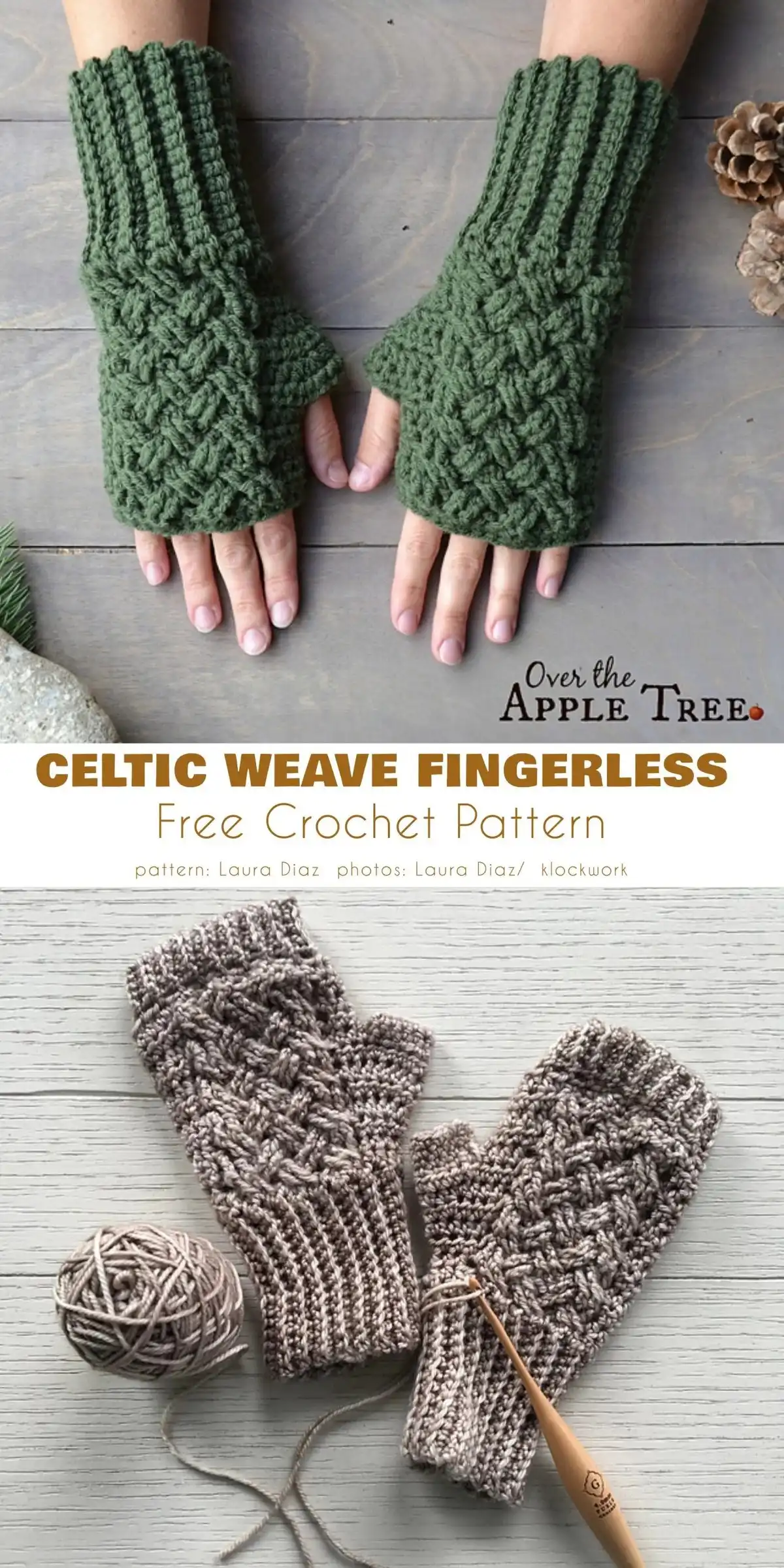 Close-up of a pair of crochet fingerless mitts featuring a prominent Celtic weave stitch, showing intricate criss-cross texture in a solid yarn color.