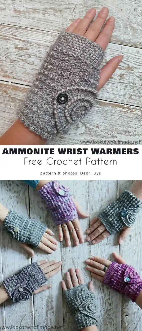 Ammonite Wrist Warmers featuring a spiral design inspired by fossilized shells, forming a faux clasp over the hand.