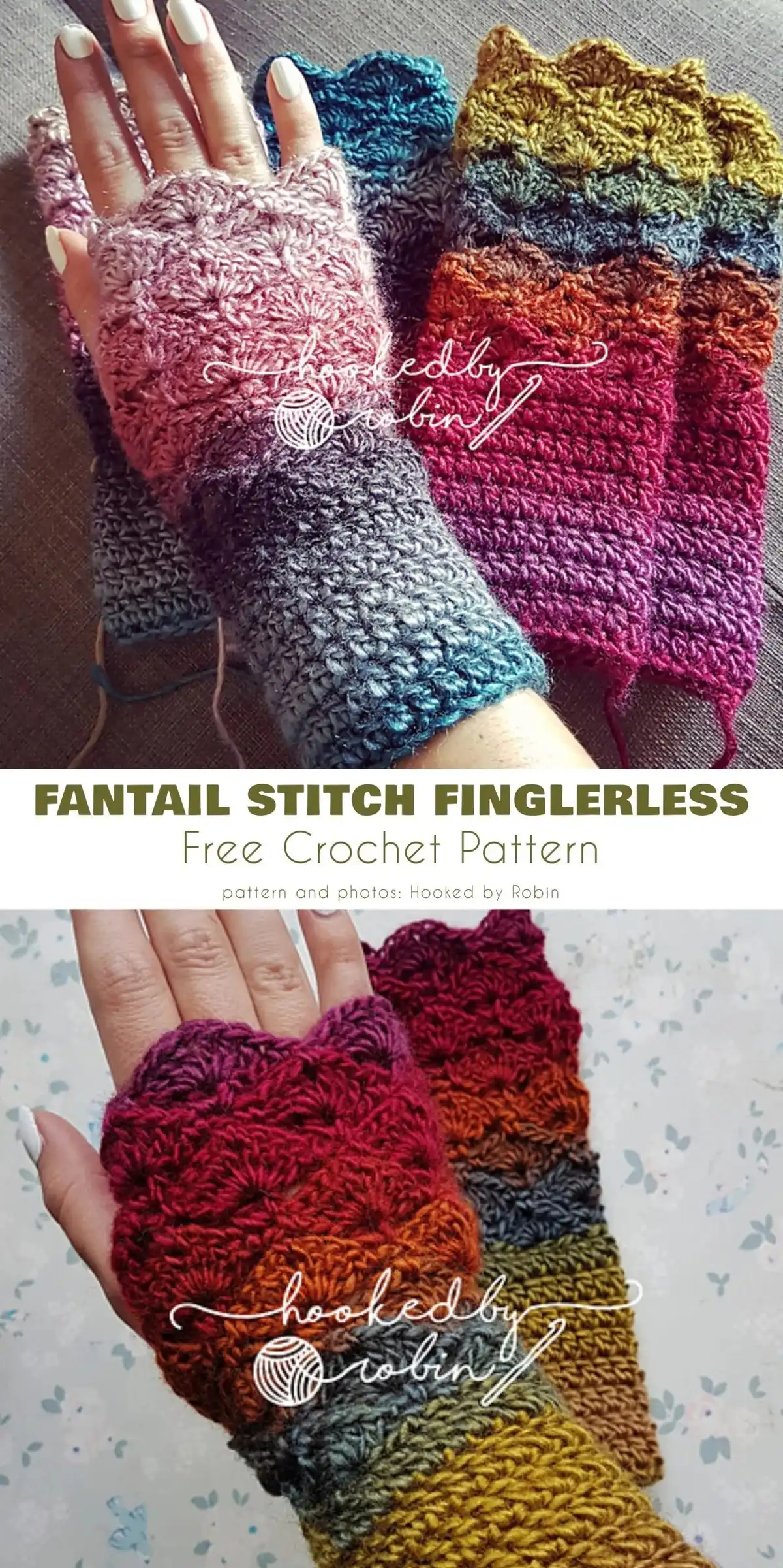 Fantail Stitch Fingerless mitts displaying a colorful yet elegant, stretchy, and soft texture created by the fantail stitch.