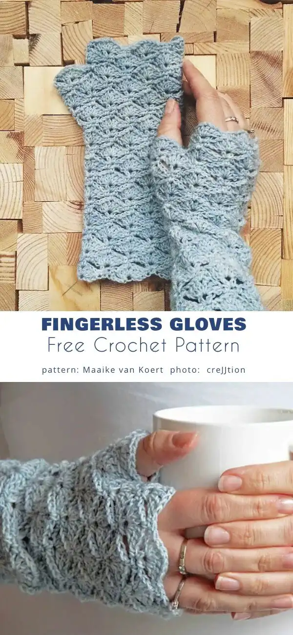 Elegant fingerless gloves made with a sophisticated shell stitch pattern in a classic solid color.