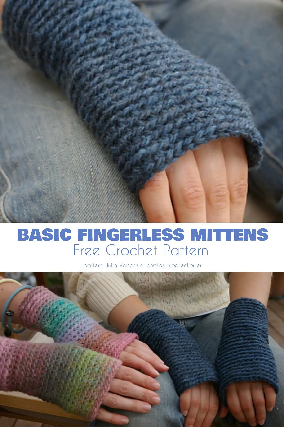 Basic Fingerless Gloves, simple tube-shaped mitts in a solid color, ideal for beginners and customization.