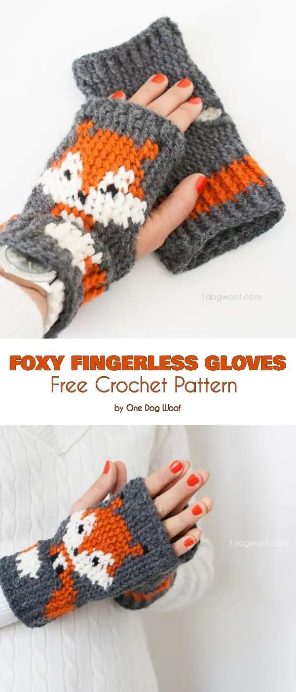 Foxy Fingerless Gloves featuring cute fox decorations on the back of the hand, providing warmth with a playful touch.