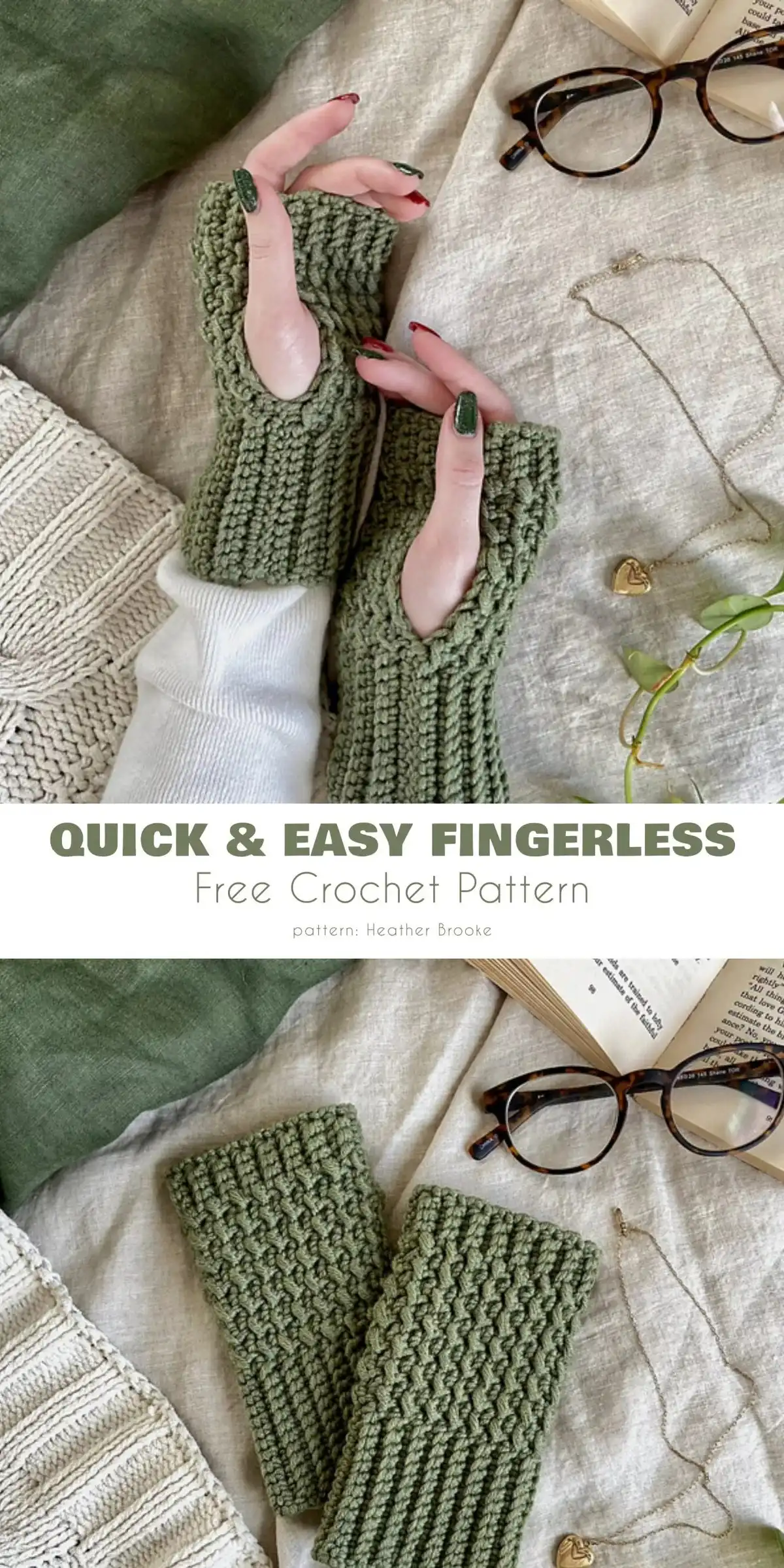 Quick and Easy Fingerless Gloves in a solid color, showing a pleasant texture from single-crochet ribbing and even moss stitch.